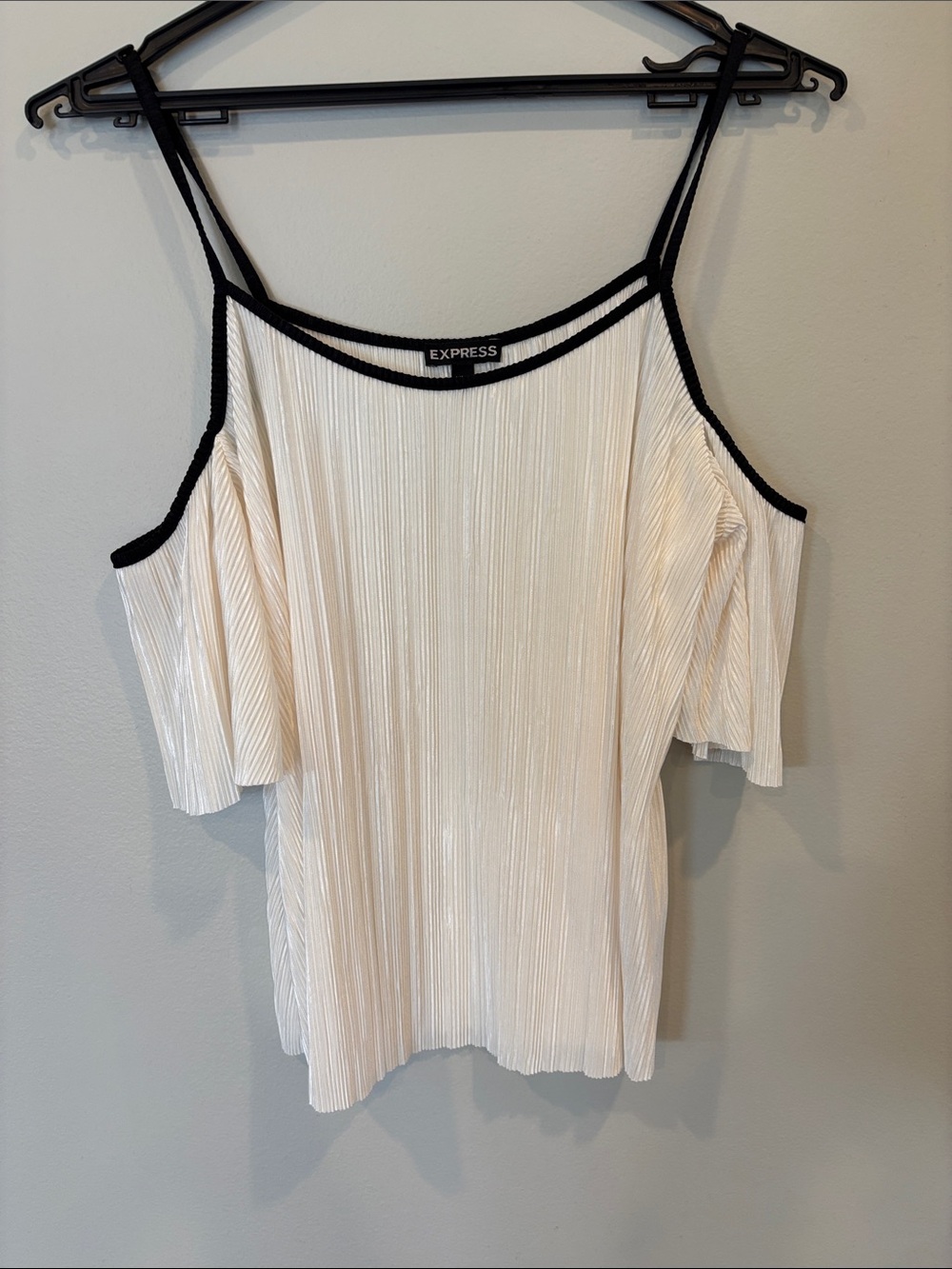 Express Cream Cold-Shoulder Pleated Tank with Black Trim